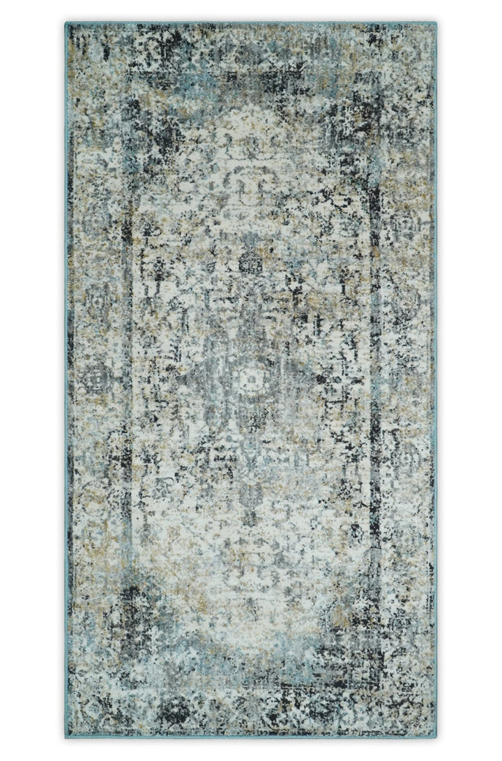 Beige, Olive and Gray and Black Antique Finish, Vintage look, Art Silk Area Rug, Living Room Rug | TRDMM7 - The Rug Decor