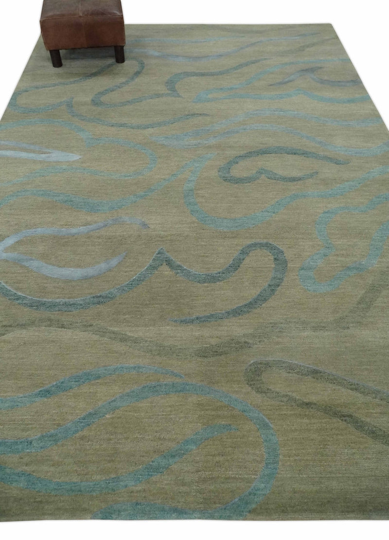 Beige, Teal and Silver Modern design Hand knotted 6x9 wool and Art Silk Area Rug - The Rug Decor