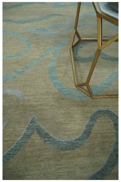 Beige, Teal and Silver Modern design Hand knotted 6x9 wool and Art Silk Area Rug - The Rug Decor