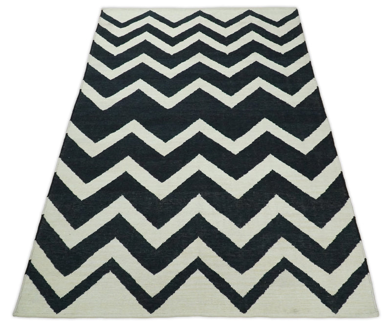 Black and Beige Outdoor Safe Hand Woven Dhurrie Rug Chevron Pattern - The Rug Decor