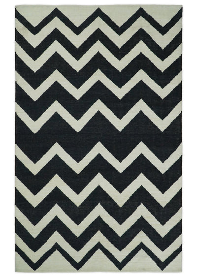 Black and Beige Outdoor Safe Hand Woven Dhurrie Rug Chevron Pattern - The Rug Decor