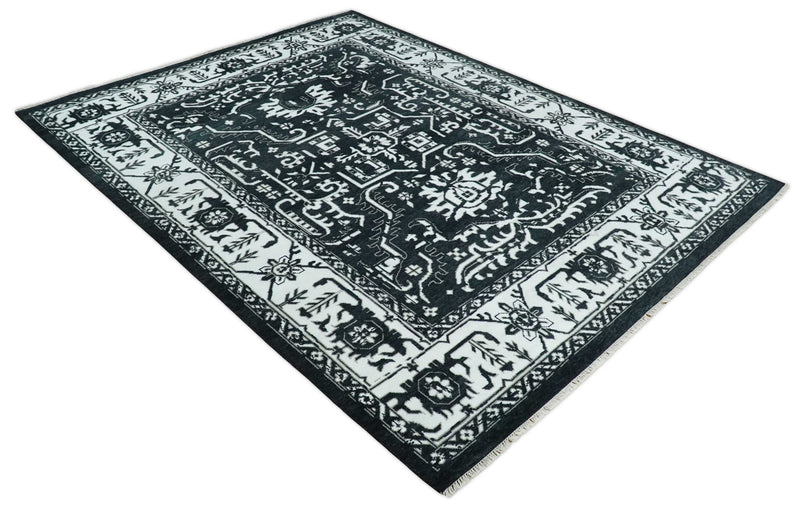 Black and White 6x9 and 9x12 Hand Knotted Traditional Persian Oushak Wool and Viscose Rug, Accent Rug | TRDCP840 - The Rug Decor