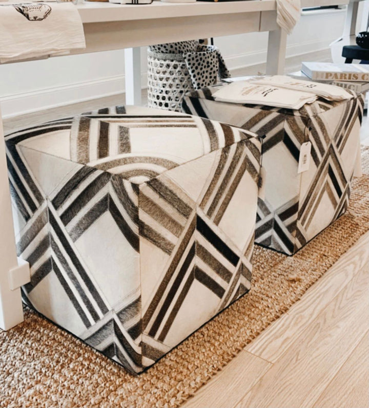 Black and White Luxury Genuine Leather Pouf Ottoman, Footstool, Side table, Seat , Foot Rest, Living Room, Bedroom | TRD284 - The Rug Decor