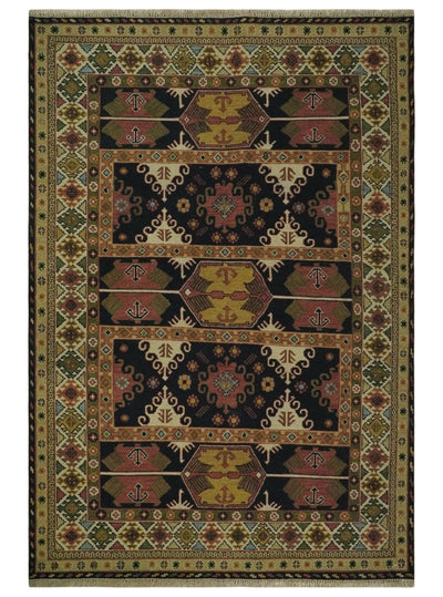 Black, Beige and Rust 6x9 Traditional Hand Woven Soumak Dhurrie Wool Area Rug - The Rug Decor