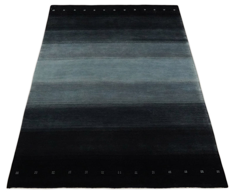 Black, Charcoal and Gray Striped Wool Hand Woven Southwestern Lori Gabbeh Rug| KNT24 - The Rug Decor