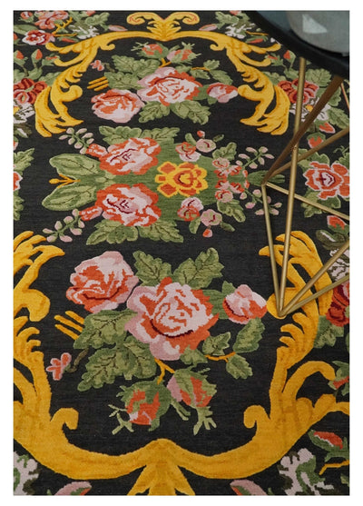 Black, Green, Yellow and Peach Flower Wool Hand Woven Floral Design Lori Rug| KNT29 - The Rug Decor