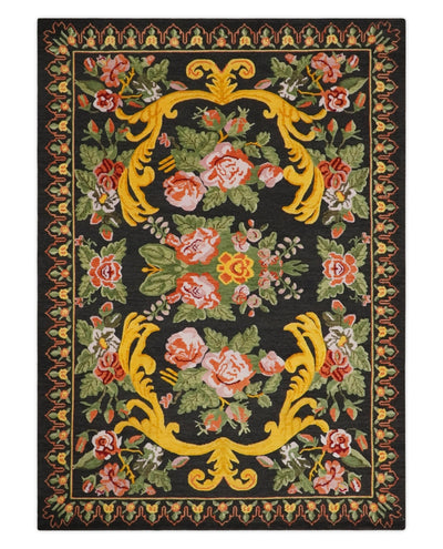 Black, Green, Yellow and Peach Flower Wool Hand Woven Floral Design Lori Rug| KNT29 - The Rug Decor