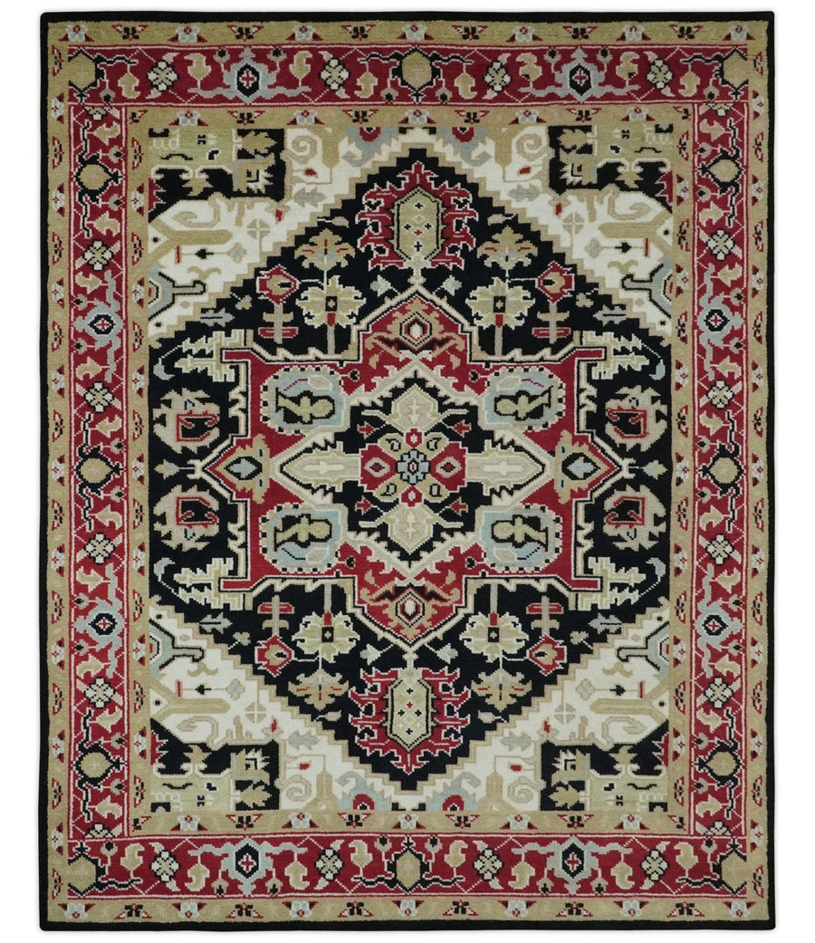 Black, Ivory, Olive and Brown Hand knotted Traditional Heriz Medallion Multi Size Wool Area Rug - The Rug Decor