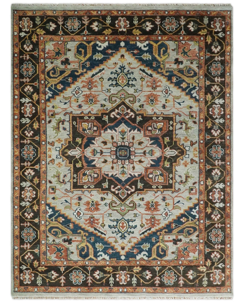 Blue and Brown 5x8, 6x9, 8x10, 9x12, 10x14 and 12x15 Traditional Antique Persian Heriz Serapi Hand Knotted Area Rug | TRDCP205 - The Rug Decor