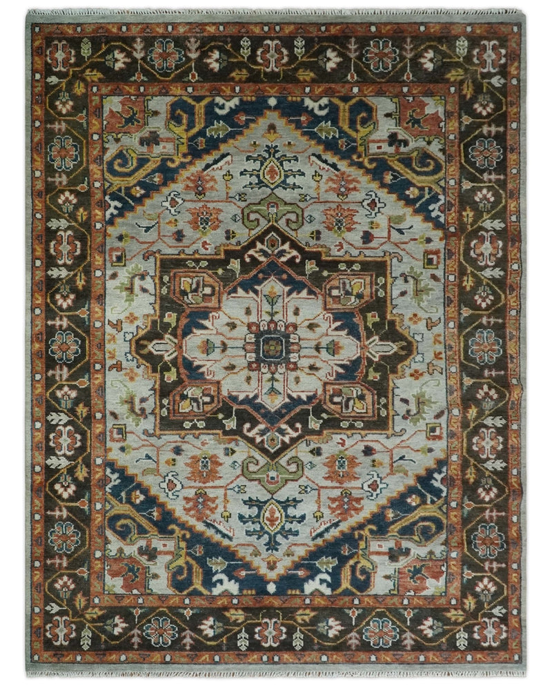 Blue and Brown 5x8, 6x9, 8x10, 9x12, 10x14 and 12x15 Traditional Antique Persian Heriz Serapi Hand Knotted Area Rug | TRDCP205 - The Rug Decor