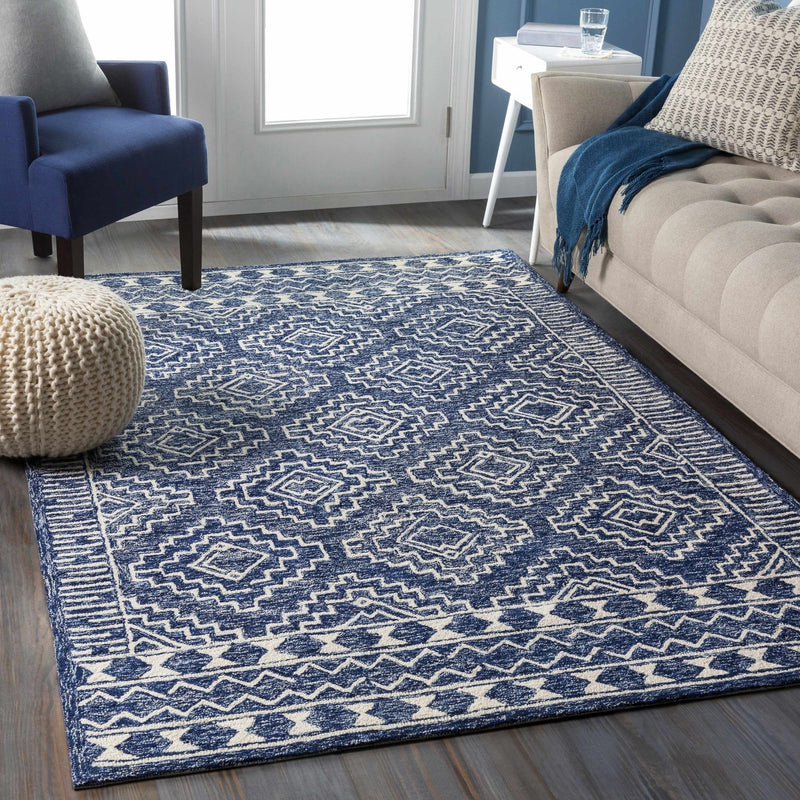 Blue and Ivory Geometrical Design Hand Tufted Wool Area Rug - The Rug Decor
