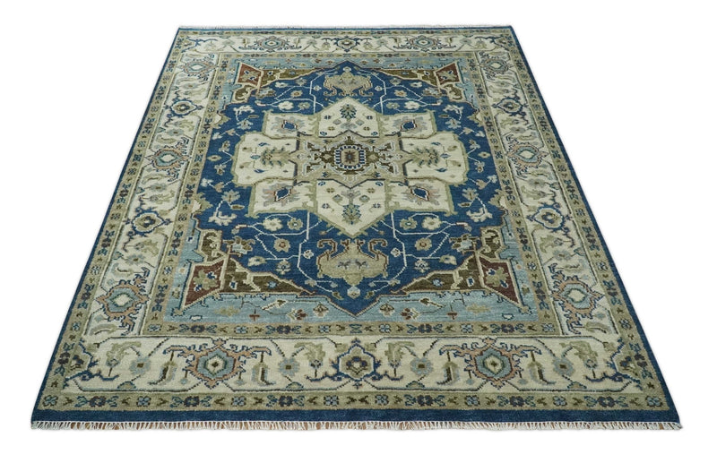Blue and Ivory Hand Knotted Antique 5x8, 6x9, 8x10, 9x12, 10x14 and 12x15 Brown Traditional Heriz Serapi Wool Rug | TRDCP868 - The Rug Decor