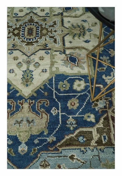 Blue and Ivory Hand Knotted Antique 5x8, 6x9, 8x10, 9x12, 10x14 and 12x15 Brown Traditional Heriz Serapi Wool Rug | TRDCP868 - The Rug Decor
