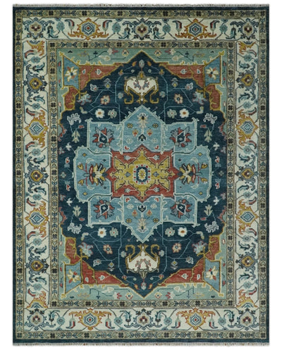 Blue and Ivory Hand Knotted Contemporary Modern 5x8, 6x9, 8x10, 9x12, 10x14 and 12x15 Brown Traditional Persian Heriz Serapi Wool Rug | TRDCP883912 - The Rug Decor