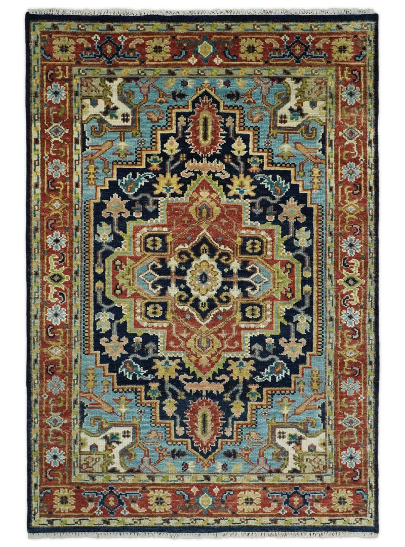 Blue and Rust Hand Knotted 8x10, 9x12, 10x14 and 12x15 Wool Antique Area Rug - The Rug Decor