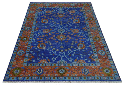 Blue and Rust Hand Knotted Traditional Floral Oushak 8.9x12.1 Wool Area Rug - The Rug Decor