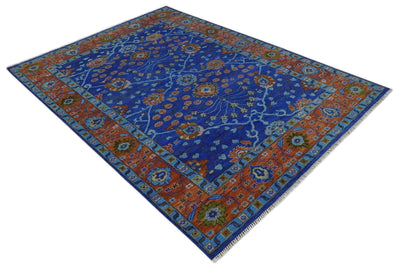 Blue and Rust Hand Knotted Traditional Floral Oushak 8.9x12.1 Wool Area Rug - The Rug Decor