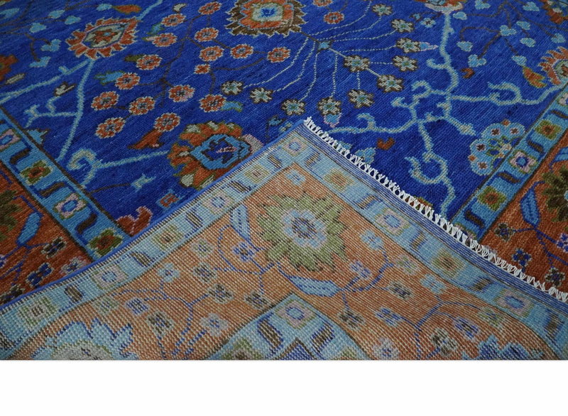 Blue and Rust Hand Knotted Traditional Floral Oushak 8.9x12.1 Wool Area Rug - The Rug Decor