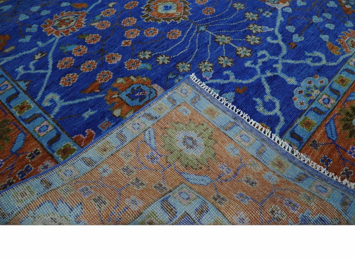 Blue and Rust Hand Knotted Traditional Floral Oushak Multi Size Wool Area Rug - The Rug Decor