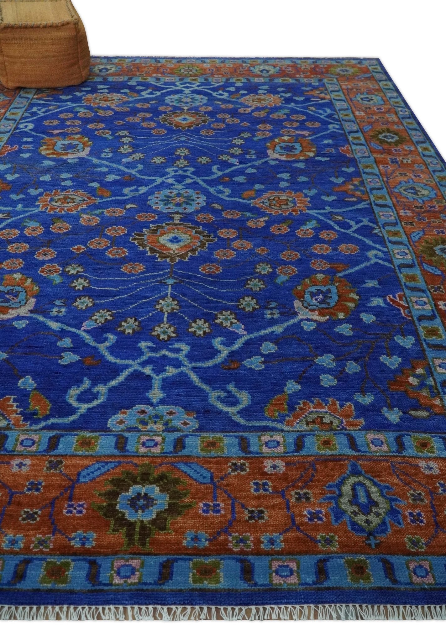 Blue and Rust Hand Knotted Traditional Floral Oushak Multi Size Wool Area Rug - The Rug Decor