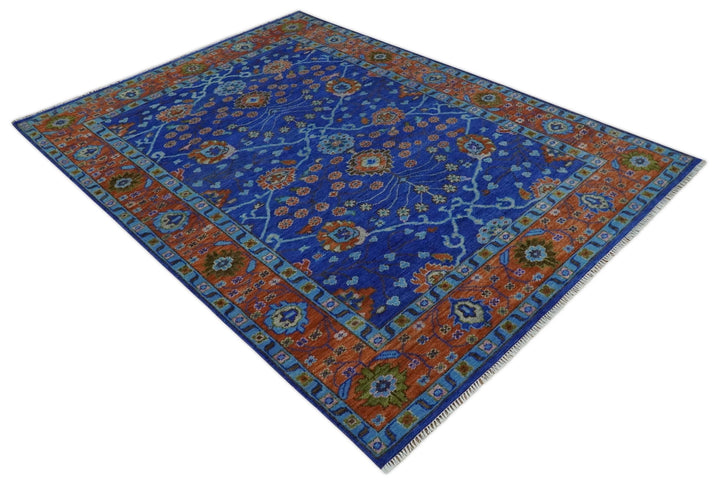 Blue and Rust Hand Knotted Traditional Floral Oushak Multi Size Wool Area Rug - The Rug Decor
