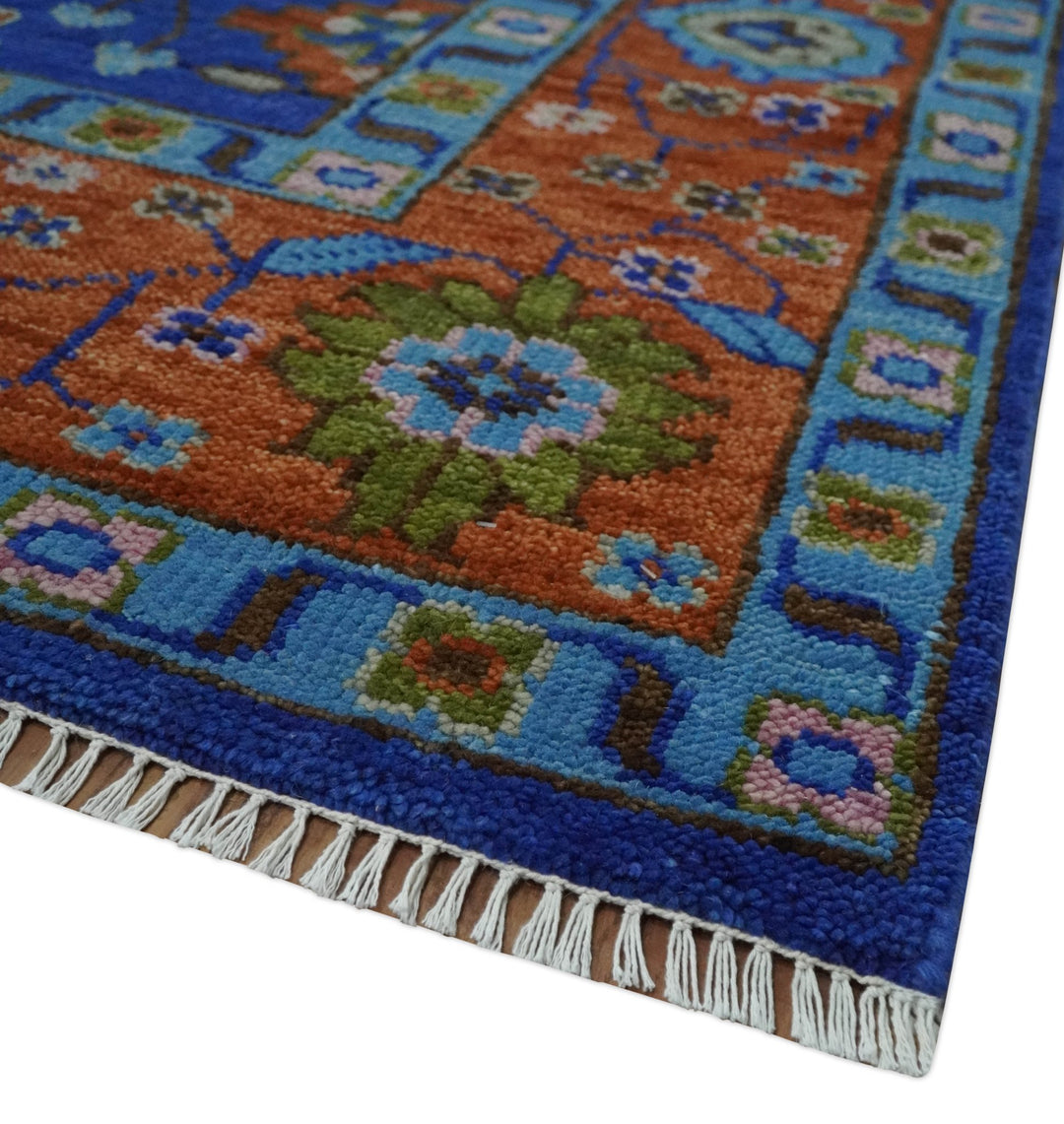 Blue and Rust Hand Knotted Traditional Floral Oushak Multi Size Wool Area Rug - The Rug Decor