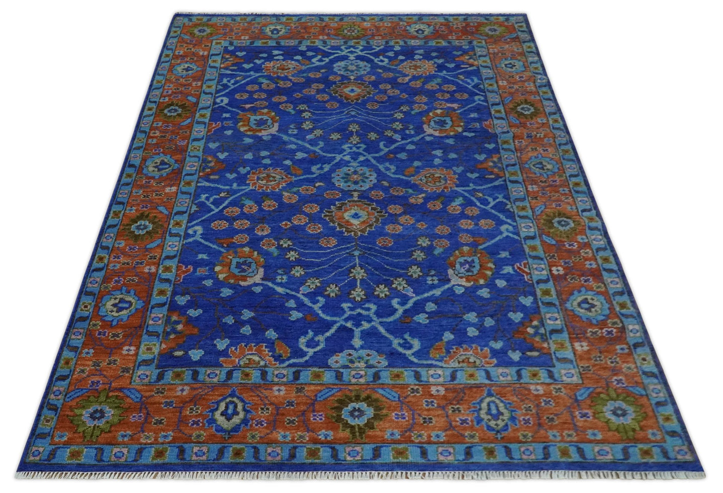 Blue and Rust Hand Knotted Traditional Floral Oushak Multi Size Wool Area Rug - The Rug Decor