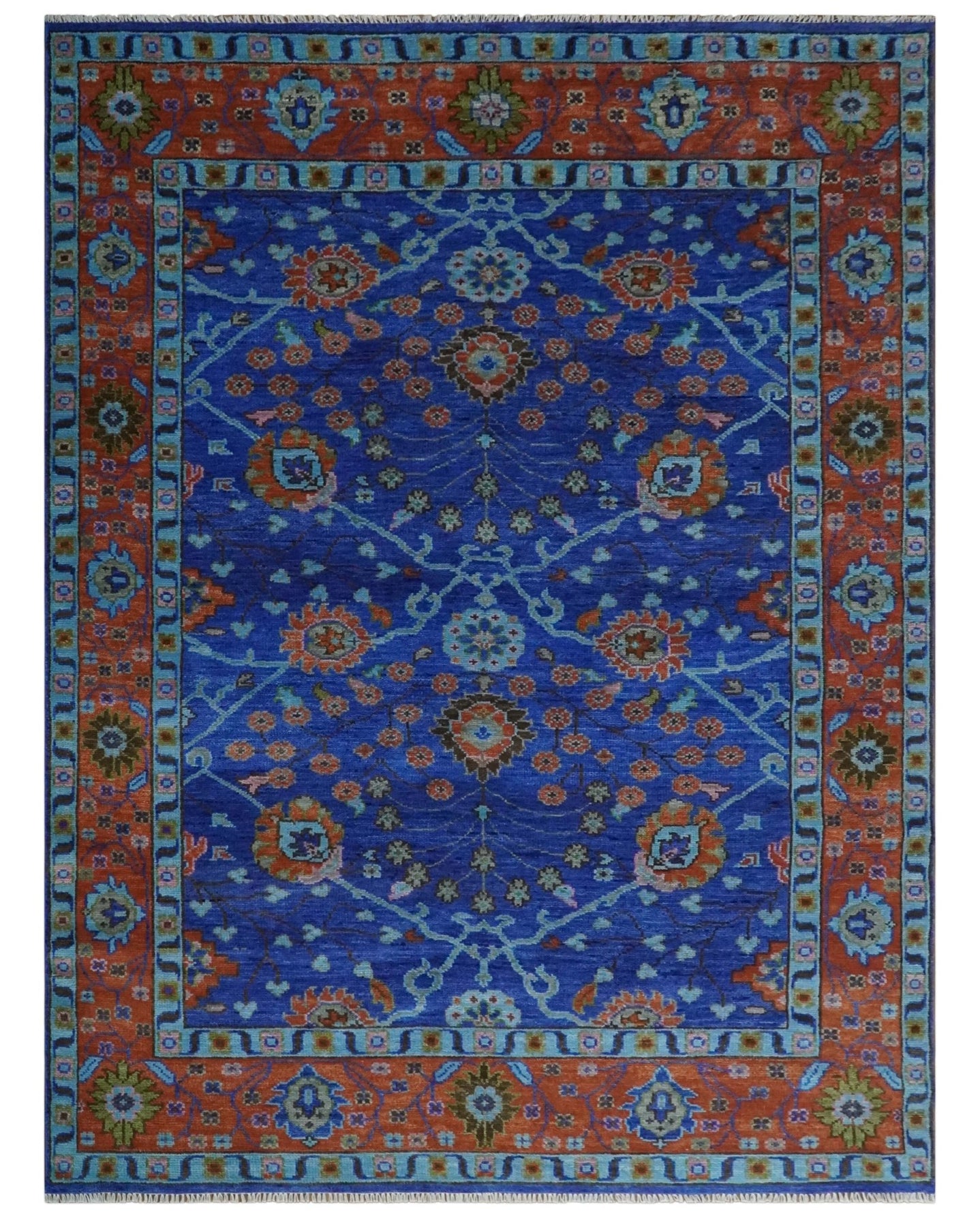 Blue and Rust Hand Knotted Traditional Floral Oushak Multi Size Wool Area Rug - The Rug Decor