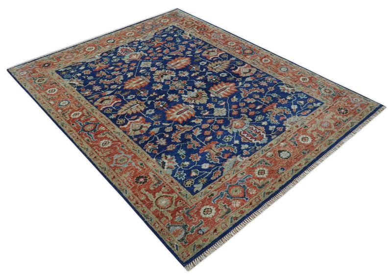 Blue and Rust Turkish Design Traditional Serapi 8X10 Hand Knotted Wool Area Rug - The Rug Decor