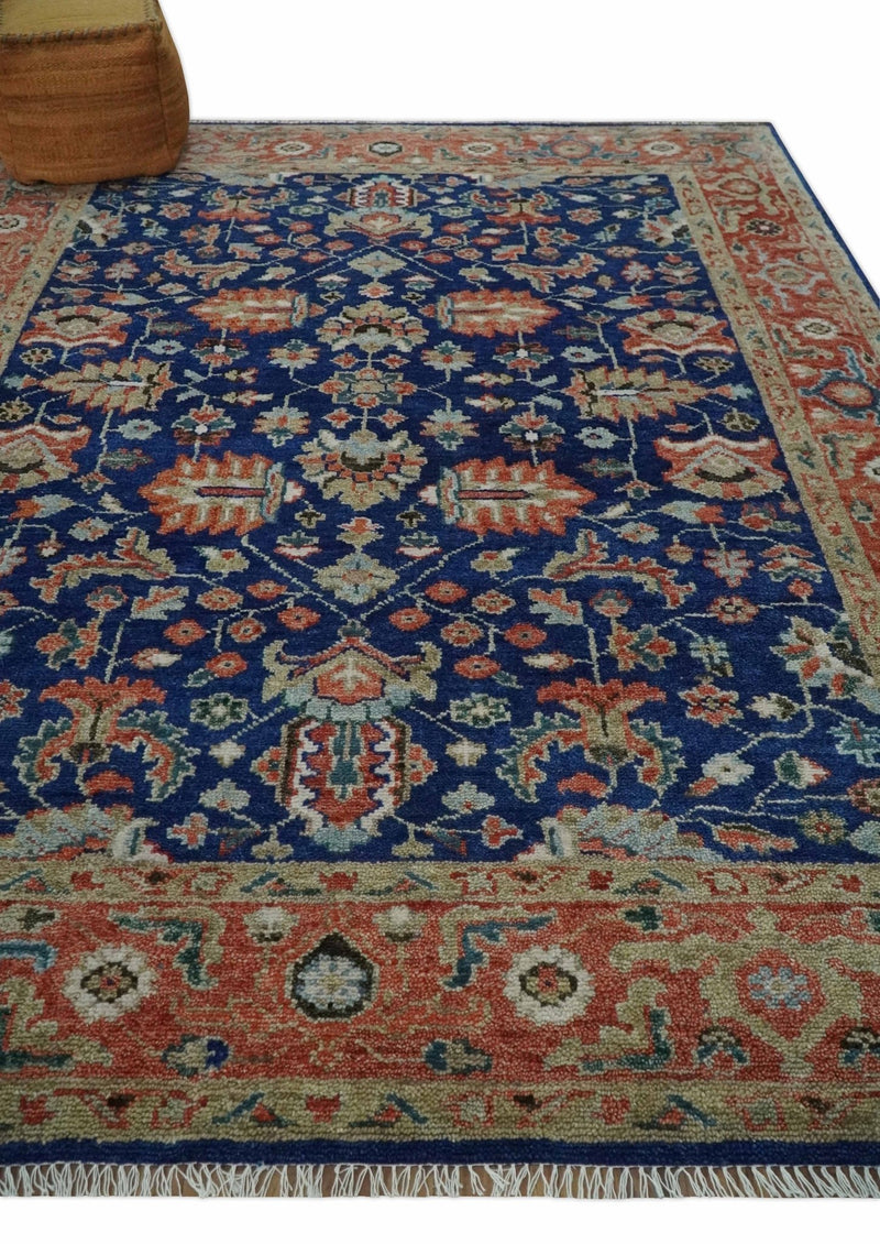 Blue and Rust Turkish Design Traditional Serapi 8X10 Hand Knotted Wool Area Rug - The Rug Decor