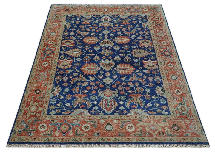 Blue and Rust Turkish Design Traditional Serapi 8X10 Hand Knotted Wool Area Rug - The Rug Decor