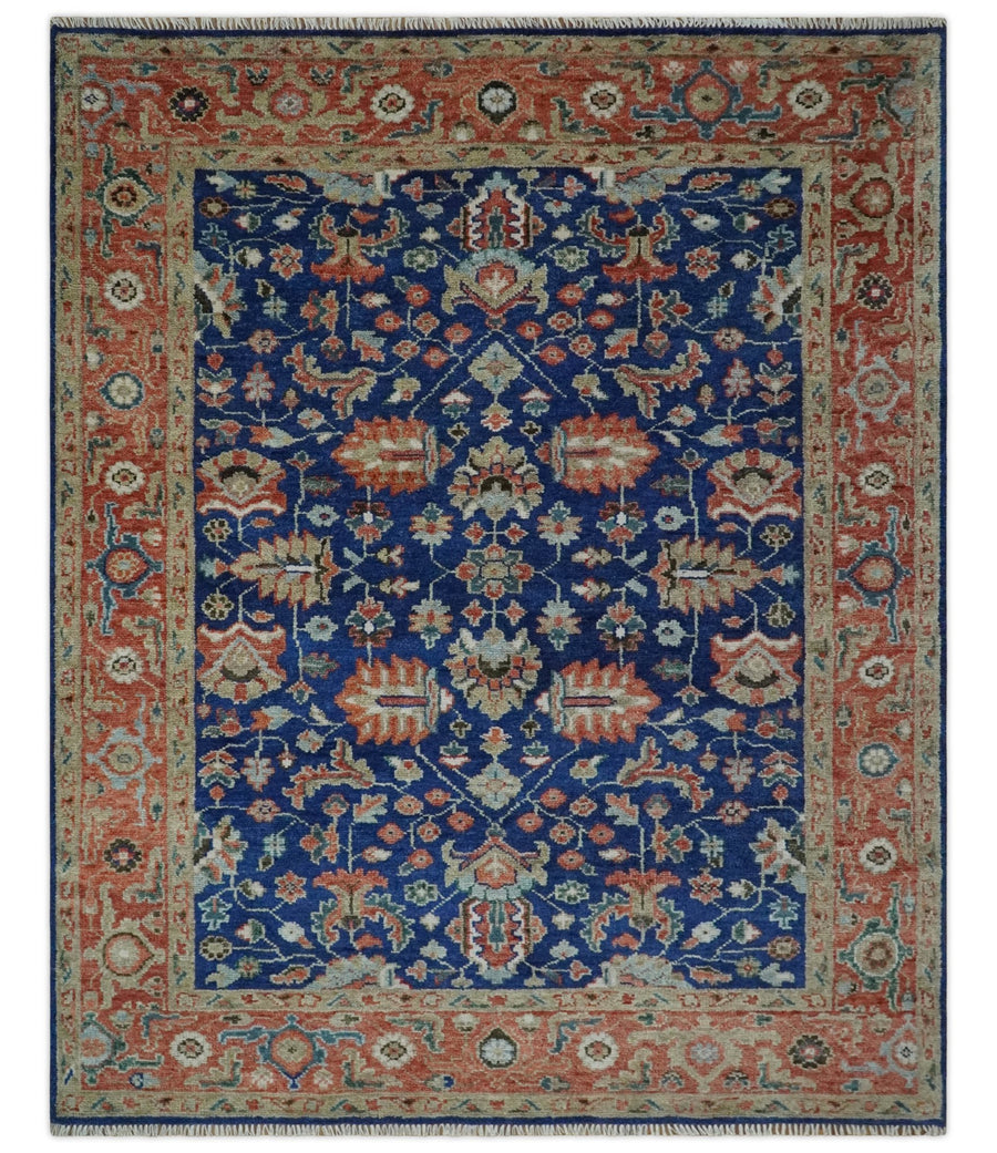 Blue and Rust Turkish Design Traditional Serapi Hand Knotted Wool Area Rug - The Rug Decor