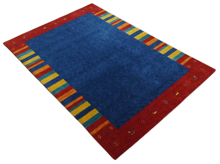 Blue and Rust with multicolor Striped Wool Hand Woven Southwestern Lori Gabbeh Rug| KNT19 - The Rug Decor