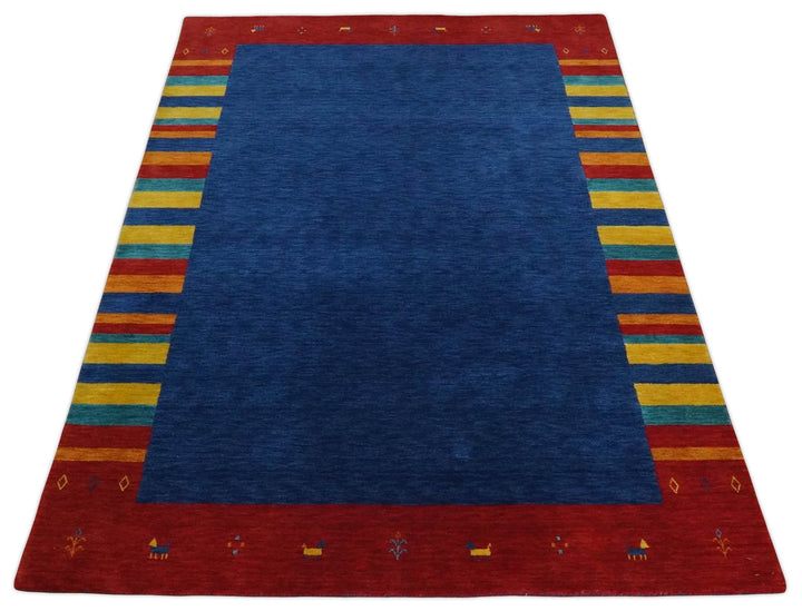 Blue and Rust with multicolor Striped Wool Hand Woven Southwestern Lori Gabbeh Rug| KNT19 - The Rug Decor