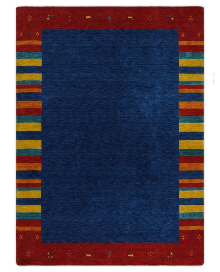 Blue and Rust with multicolor Striped Wool Hand Woven Southwestern Lori Gabbeh Rug| KNT19 - The Rug Decor