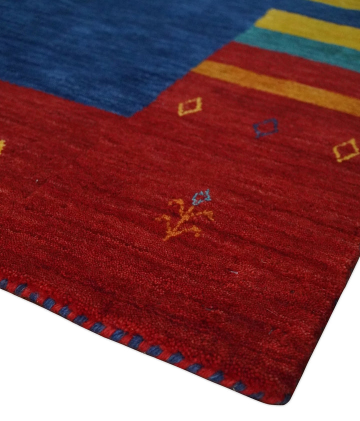 Blue and Rust with multicolor Striped Wool Hand Woven Southwestern Lori Gabbeh Rug| KNT19 - The Rug Decor