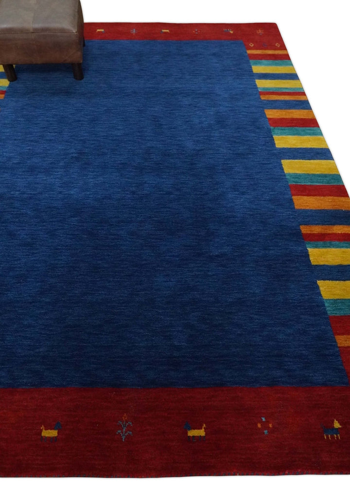 Blue and Rust with multicolor Striped Wool Hand Woven Southwestern Lori Gabbeh Rug| KNT19 - The Rug Decor