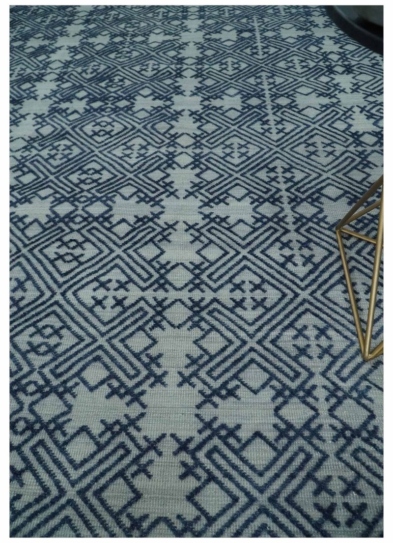 Blue and silver Hand carved Design Traditional Medallion Hand knotted 10x14 wool Area Rug - The Rug Decor