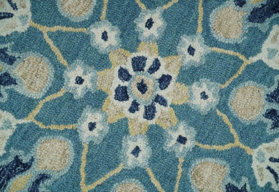 Blue, Aqua and Beige Hand Hooked Rug, Medallion Design Wool Area Rug - The Rug Decor