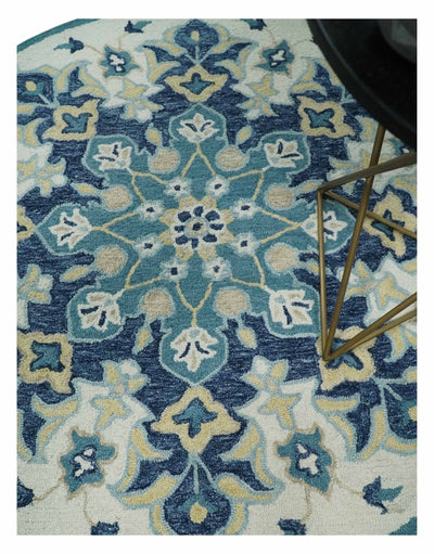 Blue, Aqua and Beige Hand Hooked Rug, Medallion Design Wool Area Rug - The Rug Decor