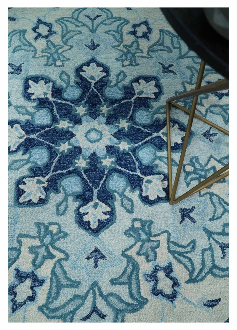 Round Hand Hooked Medallion Ivory and Blue Wool Area Rug – The Rug Decor