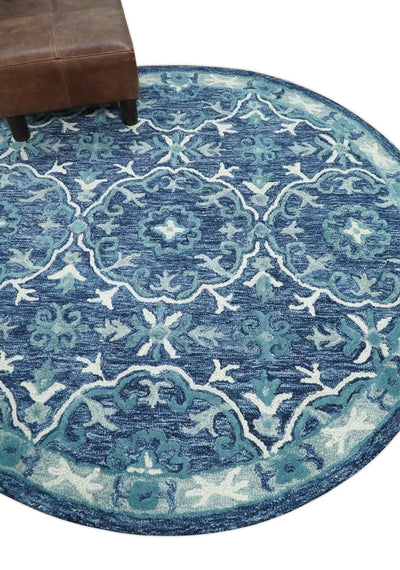 Blue, Aqua and Ivory Round Rug 3x3, 4x4, 5x5, 6x6, 8x8, 9x9 Feet Hand Tufted Wool - The Rug Decor