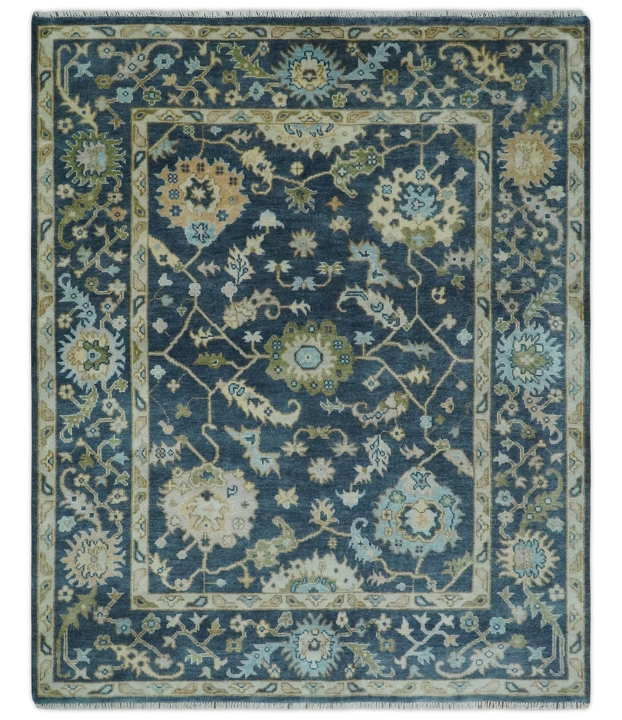 Blue, Beige and Green 8x10 Hand knotted Traditional vintage Oushak Wool Area Rug - The Rug Decor