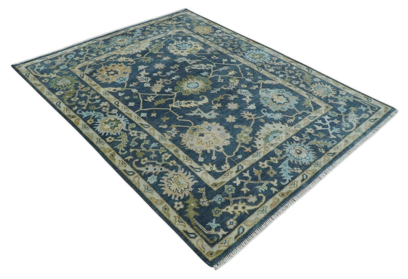 Blue, Beige and Green 8x10 Hand knotted Traditional vintage Oushak Wool Area Rug - The Rug Decor