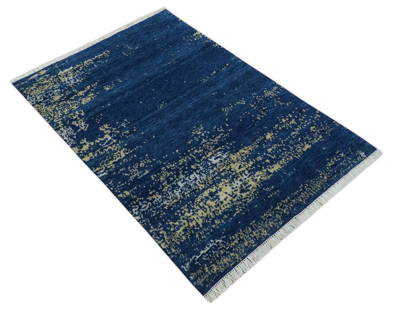 Blue, Beige and Ivory Abstract Hand Woven 4x6 Layering Area Rug | TRDPC38 - The Rug Decor