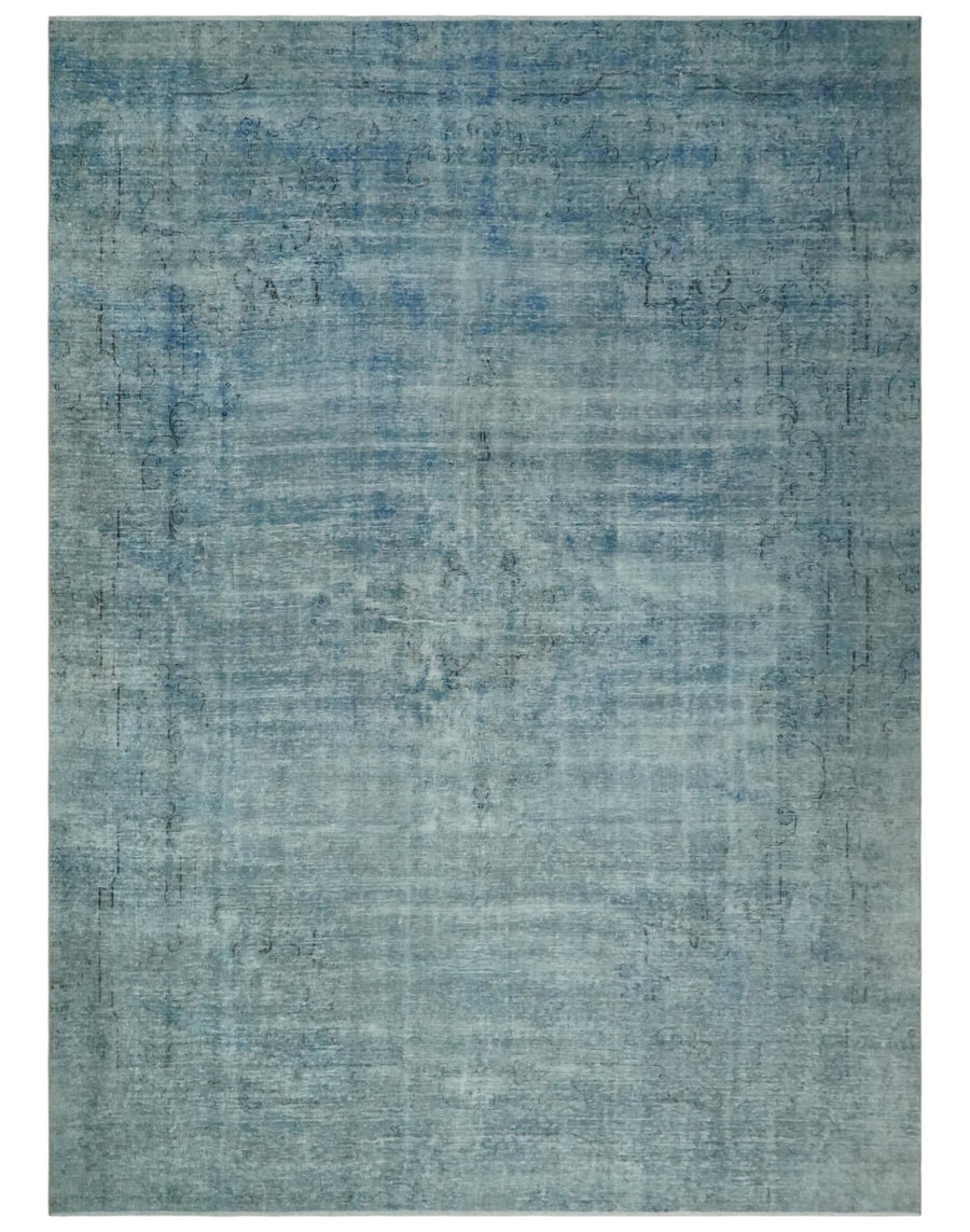 Blue Fine Hand Knotted Distressed Antique Finish 8x11 Wool Area Rug - The Rug Decor