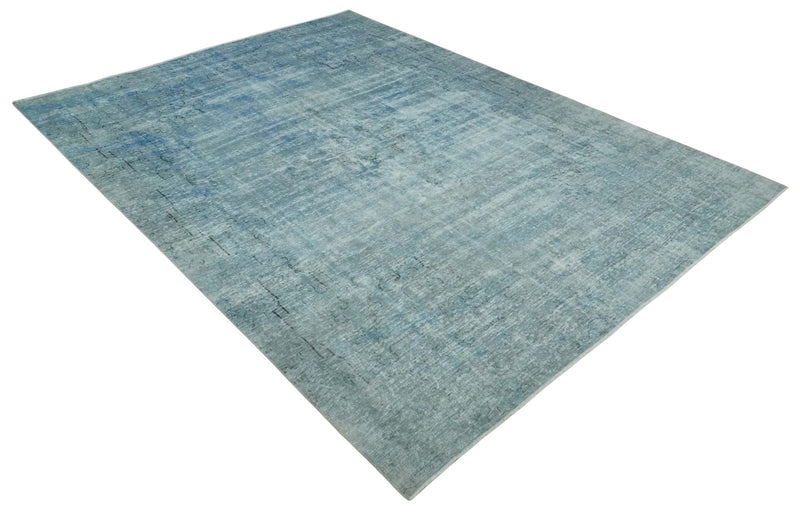 Blue Fine Hand Knotted Distressed Antique Finish 8x11 Wool Area Rug - The Rug Decor