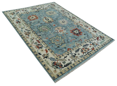 Blue, Ivory and Beige 8x10 and 9x12 Hand knotted Traditional Oushak Wool Area Rug - The Rug Decor