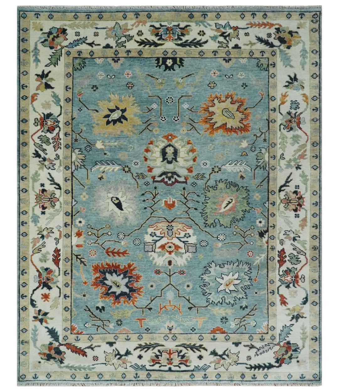 Blue, Ivory and Beige 8x10 and 9x12 Hand knotted Traditional Oushak Wool Area Rug - The Rug Decor