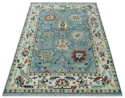 Blue, Ivory and Beige 8x10 and 9x12 Hand knotted Traditional Oushak Wool Area Rug - The Rug Decor